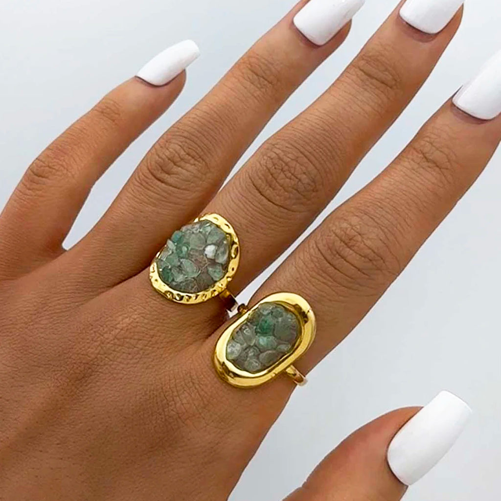 Bague Femme Plaqué Or 18K – Acier Inoxydable Ajustable & Étanche – Pierre Naturelle