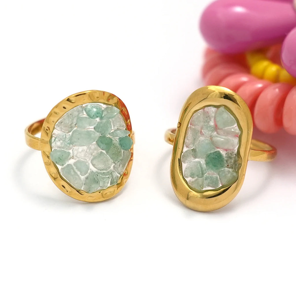 Bague Femme Plaqué Or 18K – Acier Inoxydable Ajustable & Étanche – Pierre Naturelle