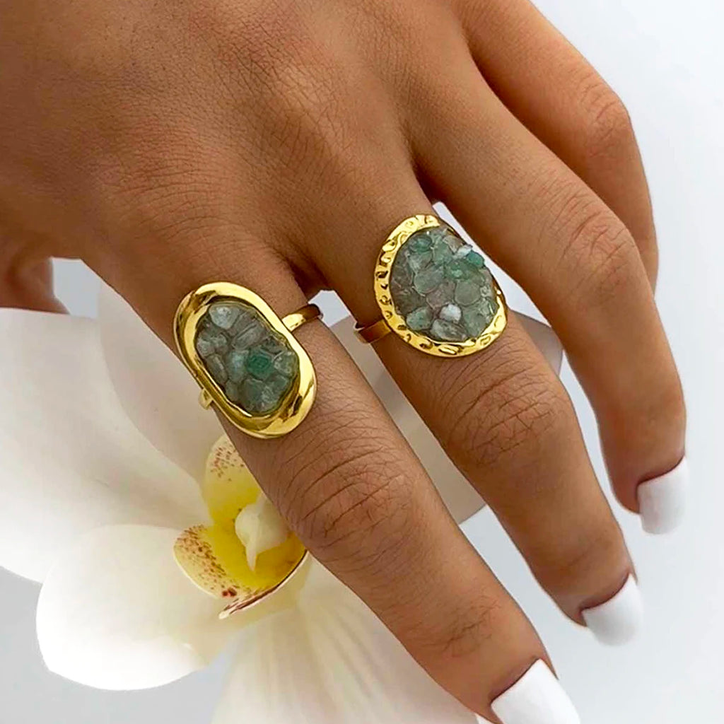 Bague Femme Plaqué Or 18K – Acier Inoxydable Ajustable & Étanche – Pierre Naturelle