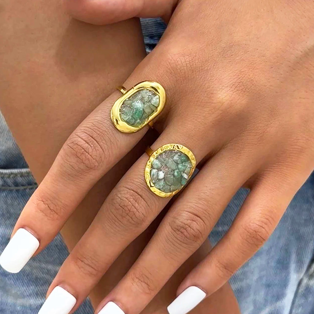 Bague Femme Plaqué Or 18K – Acier Inoxydable Ajustable & Étanche – Pierre Naturelle