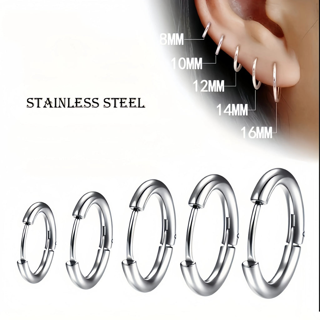 Lot de 10 Créoles Rondes Noires en Acier Inoxydable – Style Minimaliste & Punk Femme