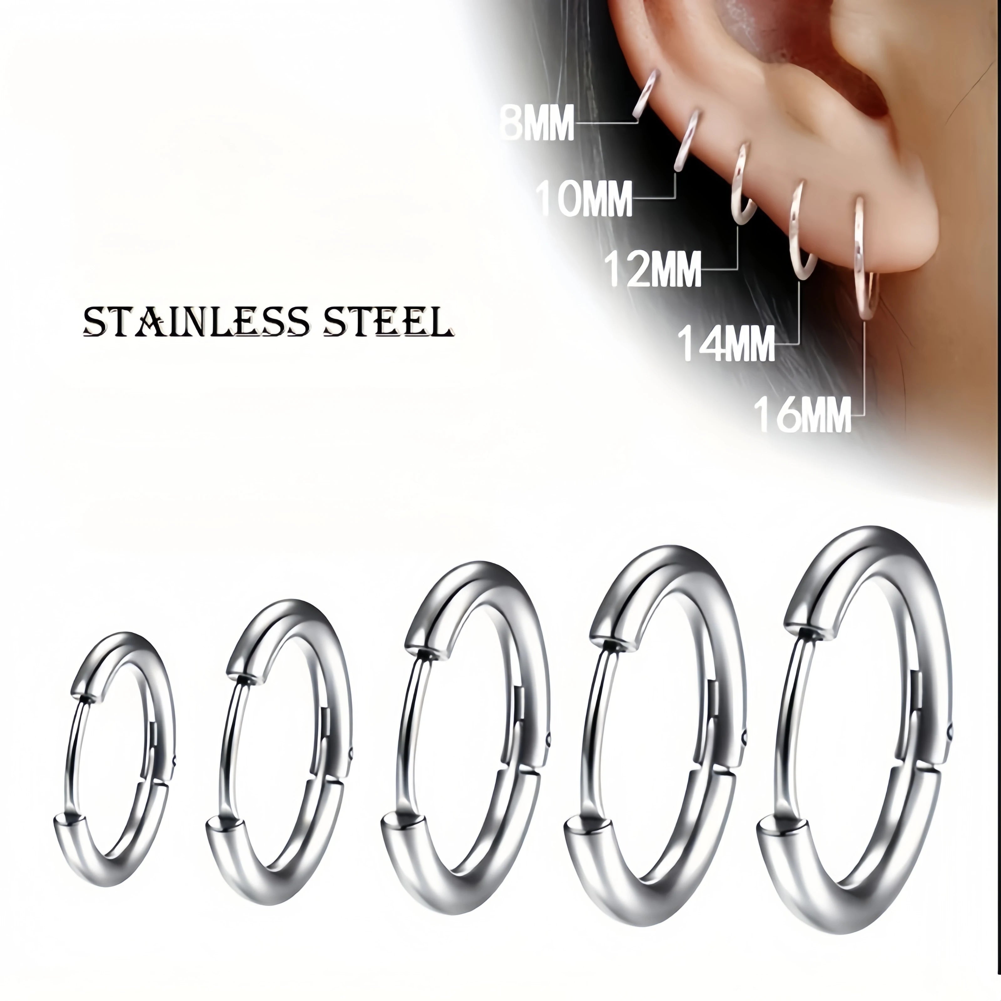 Lot de 10 Créoles Rondes Noires en Acier Inoxydable – Style Minimaliste & Punk Femme